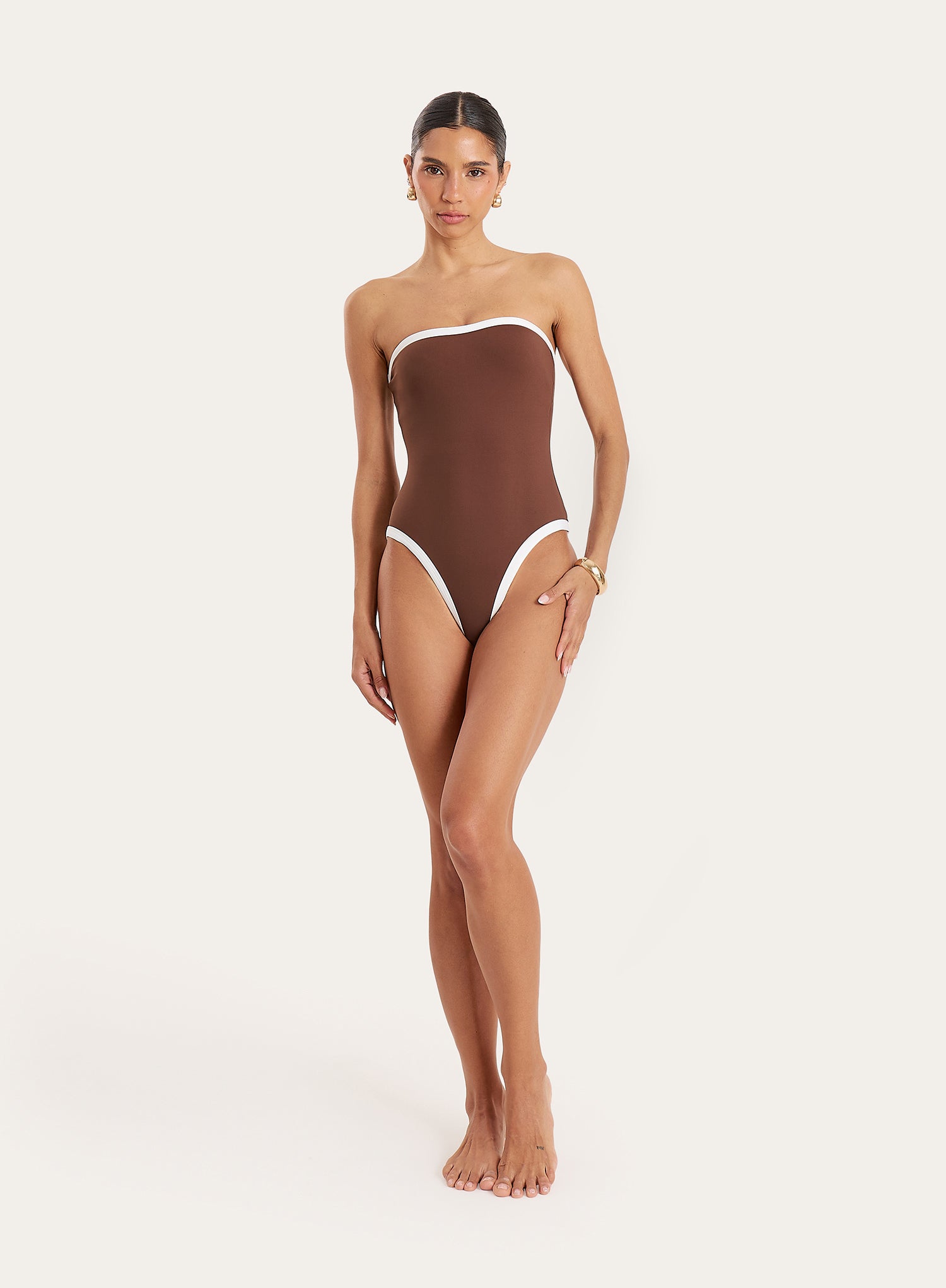 Brown Contrast Trim Bandeau Swimsuit